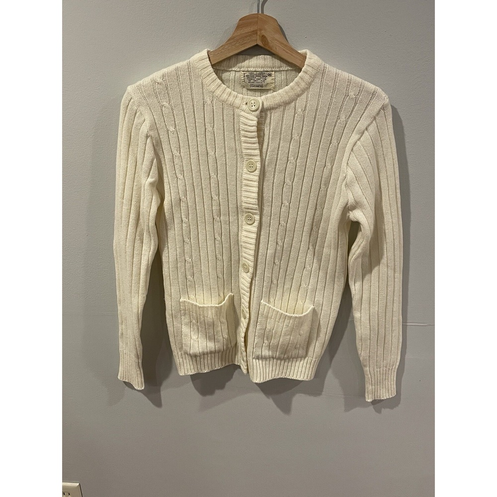 Vintage Sears Cardigan Sweater Women's Medium Ivory Cable Knit‎ Retro Button Up